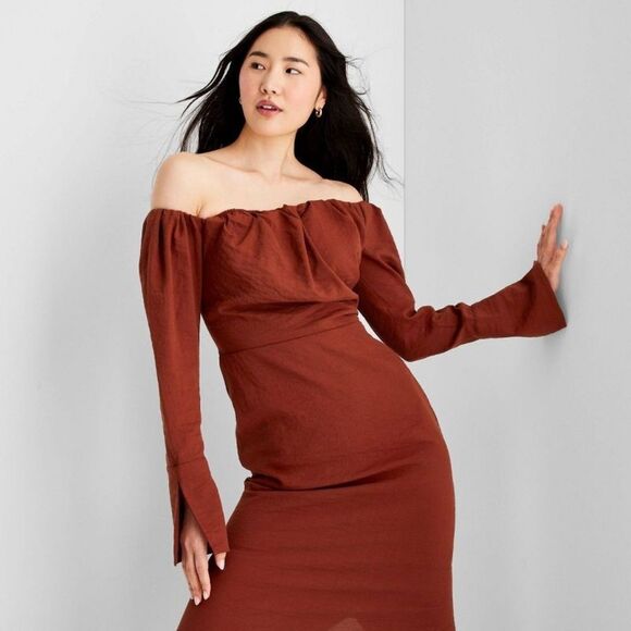 Future Collective Reese Blutstein Off Shoulder Long Sleeve Midi Dress in Rust 14 - Picture 3 of 11